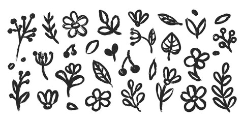 Floral doodle hand drawn with grunge brush texture. Vector simple flower, leaf brush stroke.