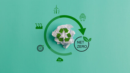 Ecology concept with paper ball trash and green recycle symbol.Zero waste, net zero concept. Carbon neutral. Climate-neutral long-term strategy. Sustainable business development. Reuse Reduce Recycle - obrazy, fototapety, plakaty