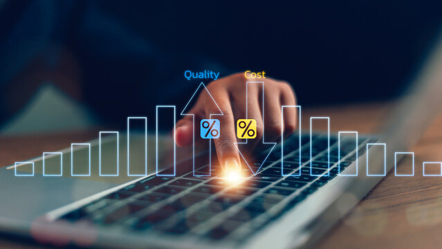 Cost and quality control, business strategy, and project management concepts. Businessman working on a digital tablet with quality control growth graph and cost reduction, effective business