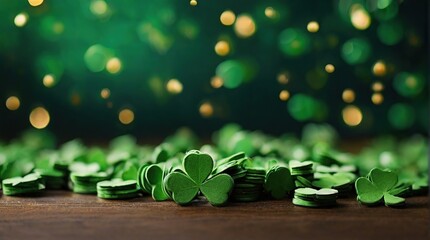 green background with bokeh for st. patrick's day, space for text, clover leaves on wooden table against golden bokeh background