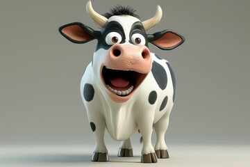 A playful cartoon cow with a wide smile and black spots.