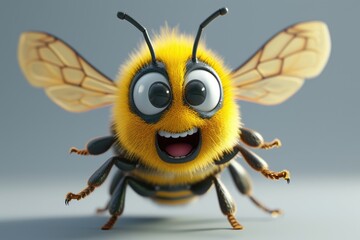 A happy, friendly cartoon bee with a big smile and open wings.