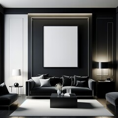 Elegant Modern Living Room with Large Frame on Wall, Black Sofa Set & Minimalist Decor, Luxurious Interior Design Inspiration for Contemporary Homes - Perfect for Wall Art Display Ideas
