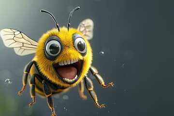 A cartoon bee with big eyes, looking excited and airborne.