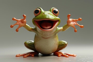 A green cartoon frog with a wide smile and outstretched arms.