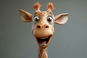 A cartoon giraffe with big eyes and a joyful smile. - obrazy, fototapety, plakaty