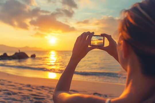 Travel planning concept, sea beach with sunset, Women are taking pictures