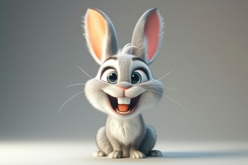 A cheerful cartoon rabbit with large ears and a wide smile.