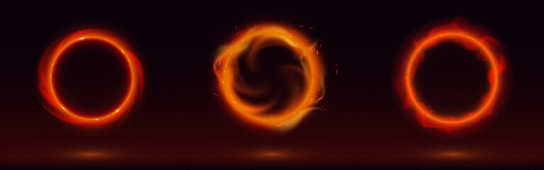 Red circle frames set isolated on transparent background. Vector realistic illustration of round neon borders with haze and shimmering particles, sparkles, magic power effect, space portal design