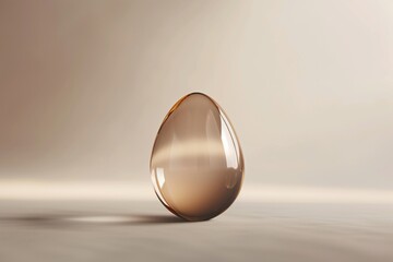 A minimalist Easter card design with a photorealistic rendering of a single, elegant, glass Easter egg against a plain, light, blurred backdrop.