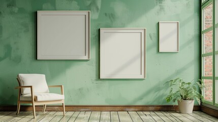 Empty frames for photographs or paintings, on a gently green wall, sunlight from the window