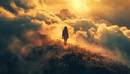 Ethereal Figure Amidst the Clouds at Sunset - obrazy, fototapety, plakaty
