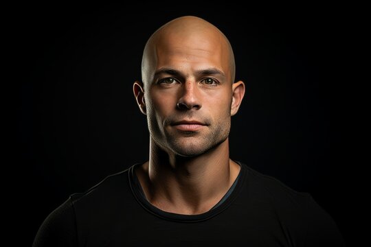 Portrait of a bald man in a black T-shirt on a black background