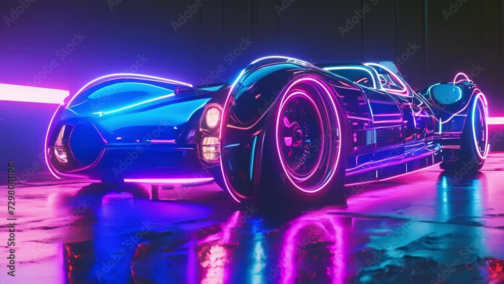 Poster a chromeplated concept car with vibrant neon light strips running along its sharp edges emanating a 