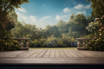 an empty platform against a background, garden, maximalist background, landscape-focused, photo backdrop, scene