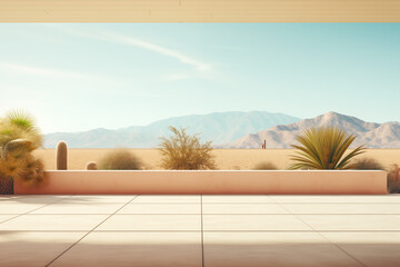 an empty platform against a light background, in the style of palm springs mid-century modern, minimalist backgrounds, landscape-focused