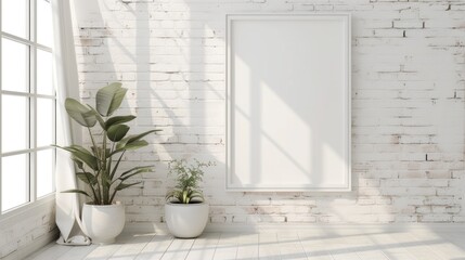 White frame, mockup for photo or painting on the background of an old brick wall