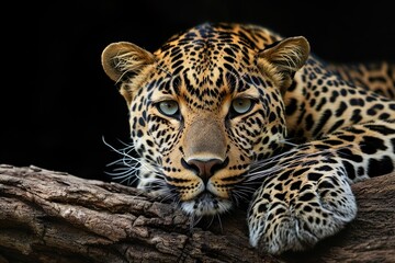 A leopard resting on a log against a black background. - Powered by Adobe