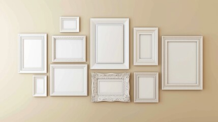An empty photo frame mockup hangs on a soft beige wall. Light from the window