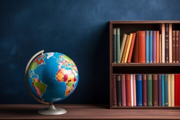 Education and school supplies with globe, books, colorful stationery on a blackboard background