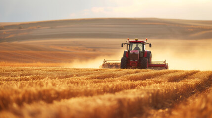 Tractor harvesting grain in rolling fields