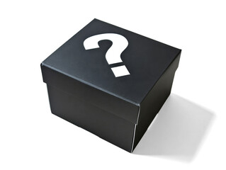 Black box with a white question mark on the lid isolated on white background