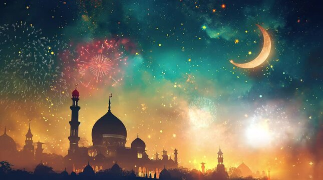 Vibrant Mosque Illuminated by Eid and Ramadan Fireworks, Celebrating Festive Spirit Seamless looping 4k time-lapse virtual video animation background. Generated AI
