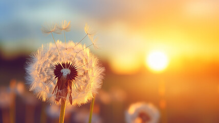 close up on a dandelion sunset background