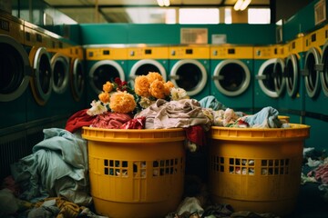 Dirty laundry piled next to washing machine, symbolizing laundry and cleanliness - obrazy, fototapety, plakaty