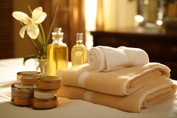 Fototapeta na wymiar Soothing spa retreat. towels, herbal bags and beauty items for relaxation and rejuvenation