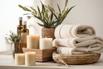 Fototapeta na wymiar Tranquil spa. herbal bags, towels, and beauty products for revitalizing rejuvenation