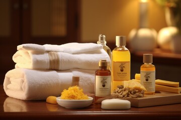 Tranquil spa oasis with towels, herbal bags, and beauty essentials for ultimate relaxation