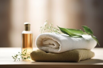 Relaxing spa retreat with towels, herbal bags, and beauty items for rejuvenation