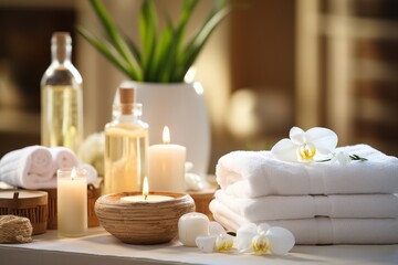 Fototapeta na wymiar Spa bliss. towels, herbal bags and beauty essentials for rejuvenation and relaxation