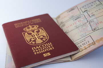 Serbian passport on a white background. Top view. Flat lay.