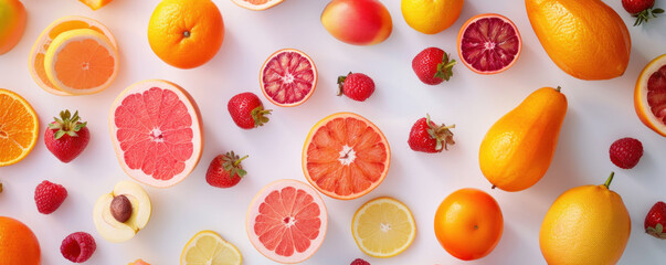 Top view of variety fruits on white background, Flat lay minimal fashion summer holiday concept. 