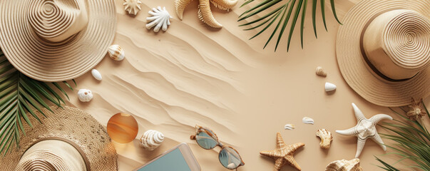 Top view Different beach accessories on sand, fashion summer holiday concept. Flat lay - obrazy, fototapety, plakaty