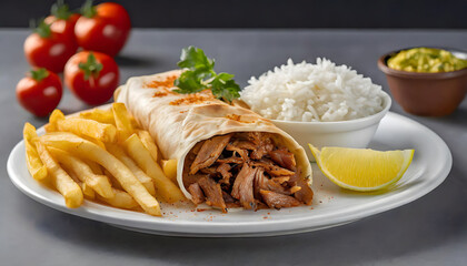 Turkish Doner Kebab Wrap with Rice and fried Potatoes