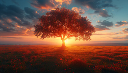 Fototapeta premium Lone Tree in a Field of Flowers at Sunset