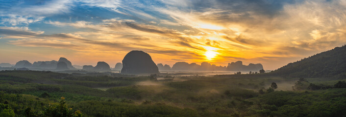 Mountain sunrise view at Din Deang Doi viewpoint with tropical forest, Krabi Thailand nature landscape panorama