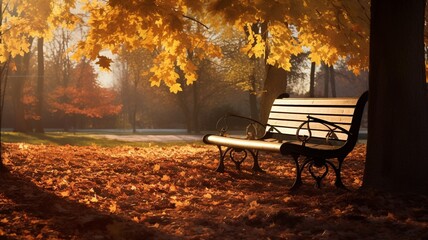 A quiet park bench surrounded by fallen leaves