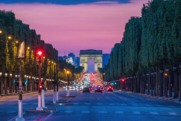 Paris France, city skyline night at Arc de Triomphe and Champs Elysees - obrazy, fototapety, plakaty