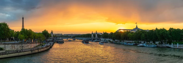 Foto auf Acrylglas Pont Alexandre III Paris France, panorama city skyline sunset at Seine River with Pont Alexandre III bridge and Grand Palais