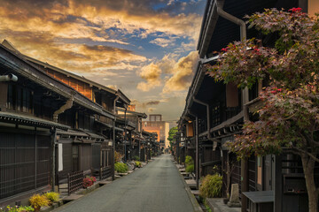 Takayama Gifu Japan, sunrise city skyline at Takayama old town Sannomachi street in autumn season