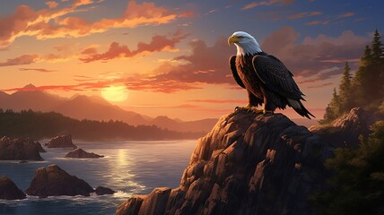 A regal bald eagle perched on a rocky cliff, gazing stoically into the distance as the sun sets on a coastal landscape - obrazy, fototapety, plakaty