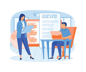  Business young men and women, reading latest or hot news online on smart phone or laptop. flat vector modern illustration 