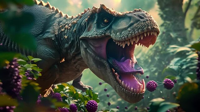 A fierce Tyrannosaurus Rex tears through a berry bush its sharp teeth revealing bits of purple juice as it gobbles up the sweet treats.