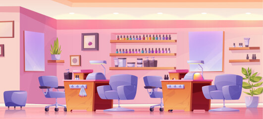 Nail studio or beauty salon with manicure service. Cartoon vector interior of manicurist workplace - chairs near table with lamp, color palette and equipment, nail polish jars on shelf, big mirror.