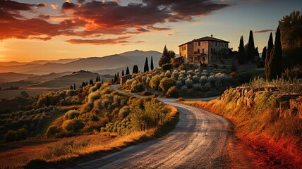 A picturesque countryside at sunset, with the sky ablaze in hues of orange and pink, casting a warm glow over rolling hills and a tranquil village below - obrazy, fototapety, plakaty