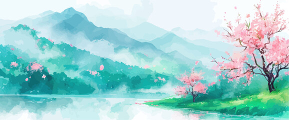 Rural spring landscape with a river and green meadows. Vector watercolor illustration. - obrazy, fototapety, plakaty